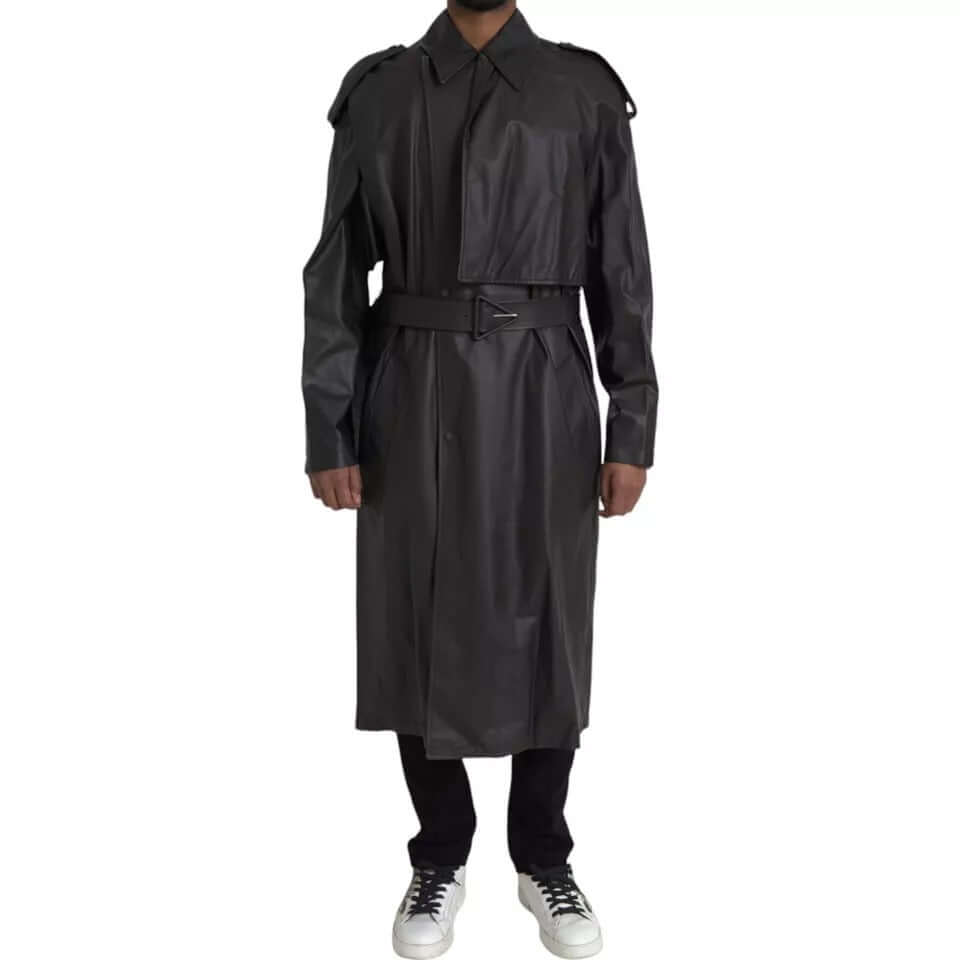 Bottega Veneta black leather men's trench coat, waterproof, with button closure and belt, made in Italy
