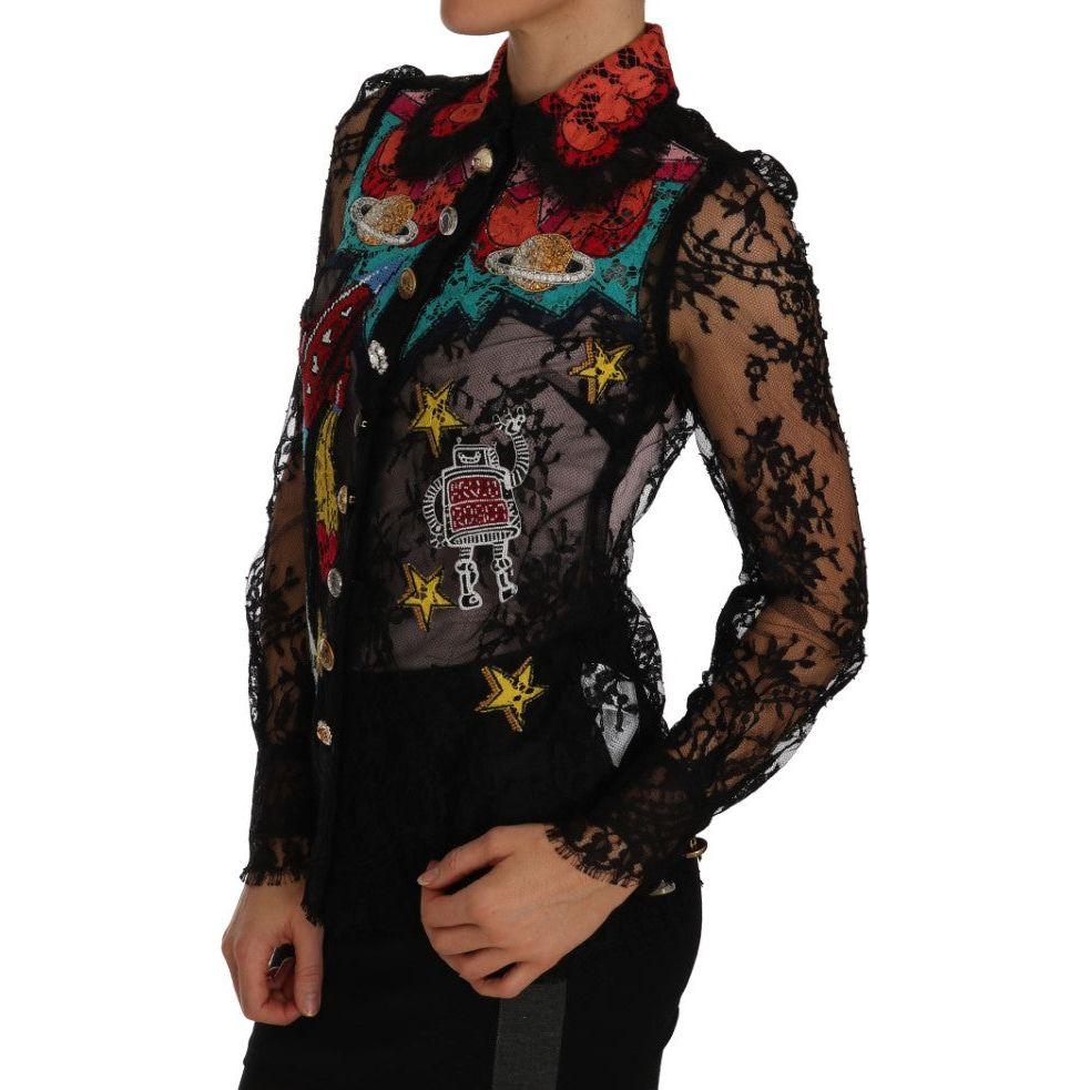 Dolce & Gabbana Floral Lace Embroidered Blouse with Crystals Dolce & Gabbana Black