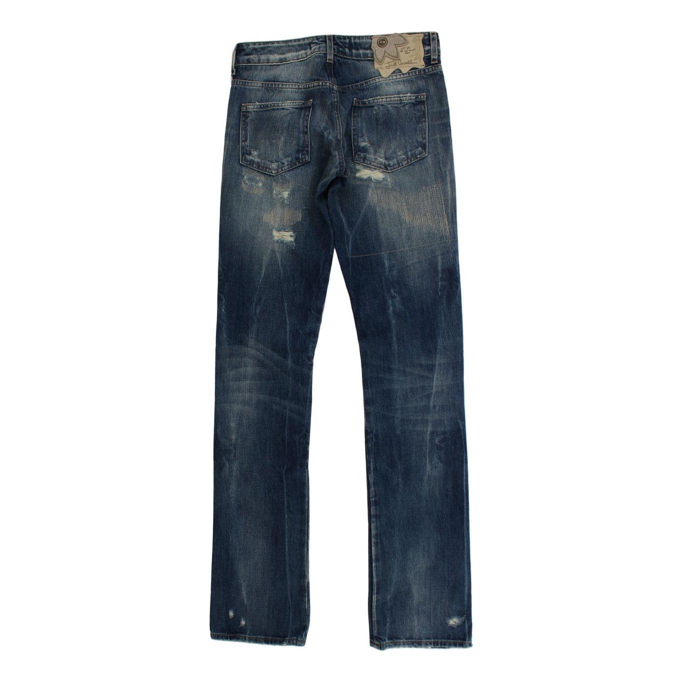 Cavalli Blue Wash Torn Cotton Straight Fit Jeans