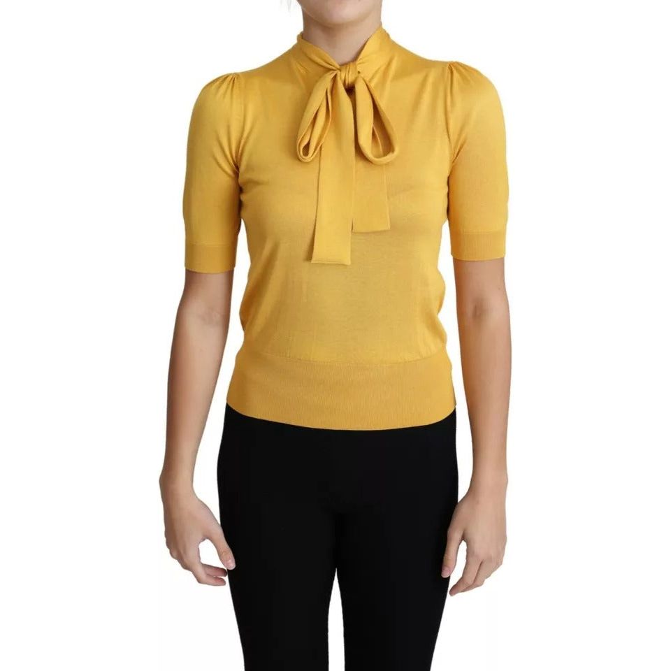 Dolce & Gabbana Yellow Silk Knit Pullover Ascot Collar Top
