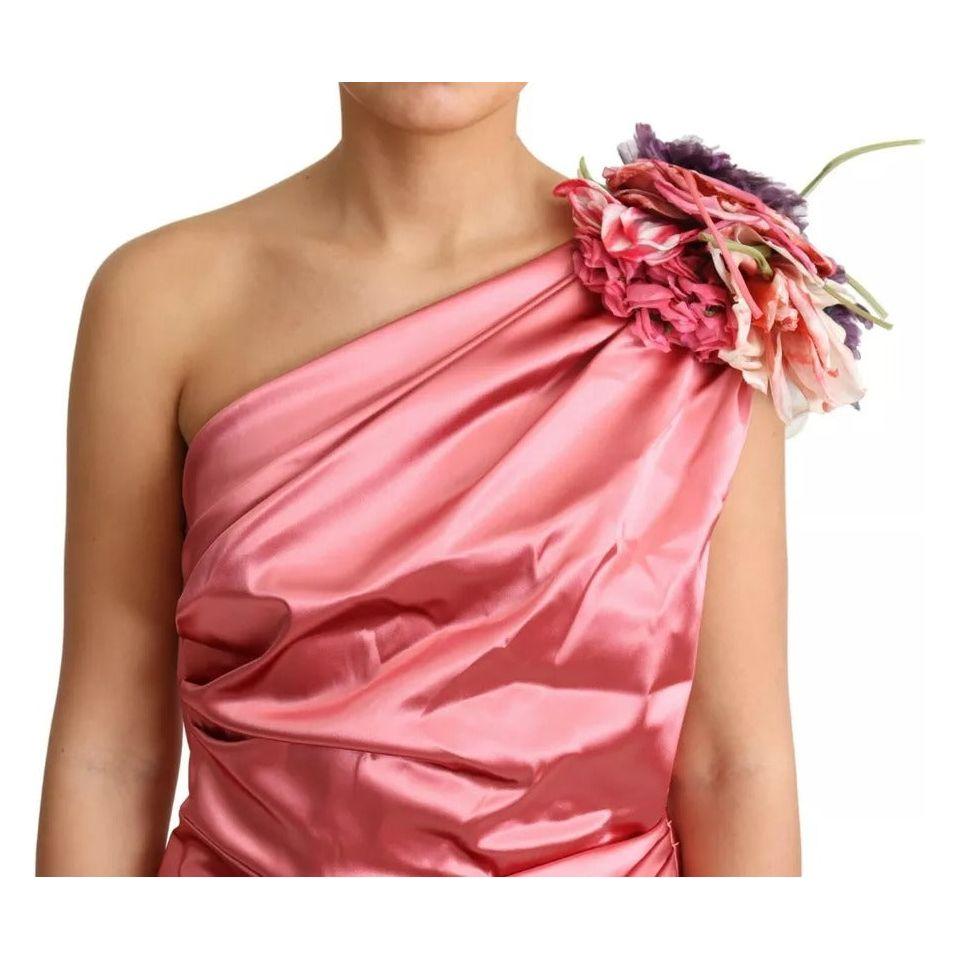 Dolce & Gabbana Pink Draped Midi Flower Applique Dress