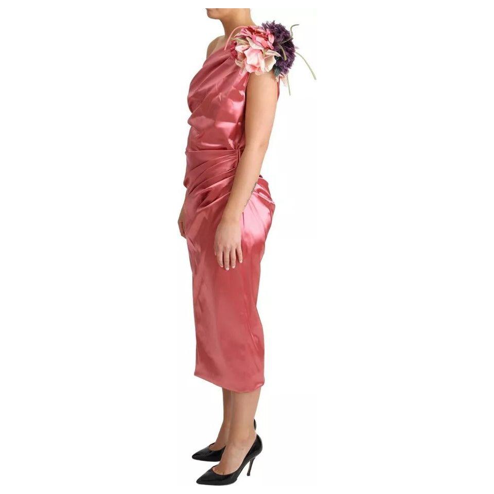 Dolce & Gabbana Pink Draped Midi Flower Applique Dress