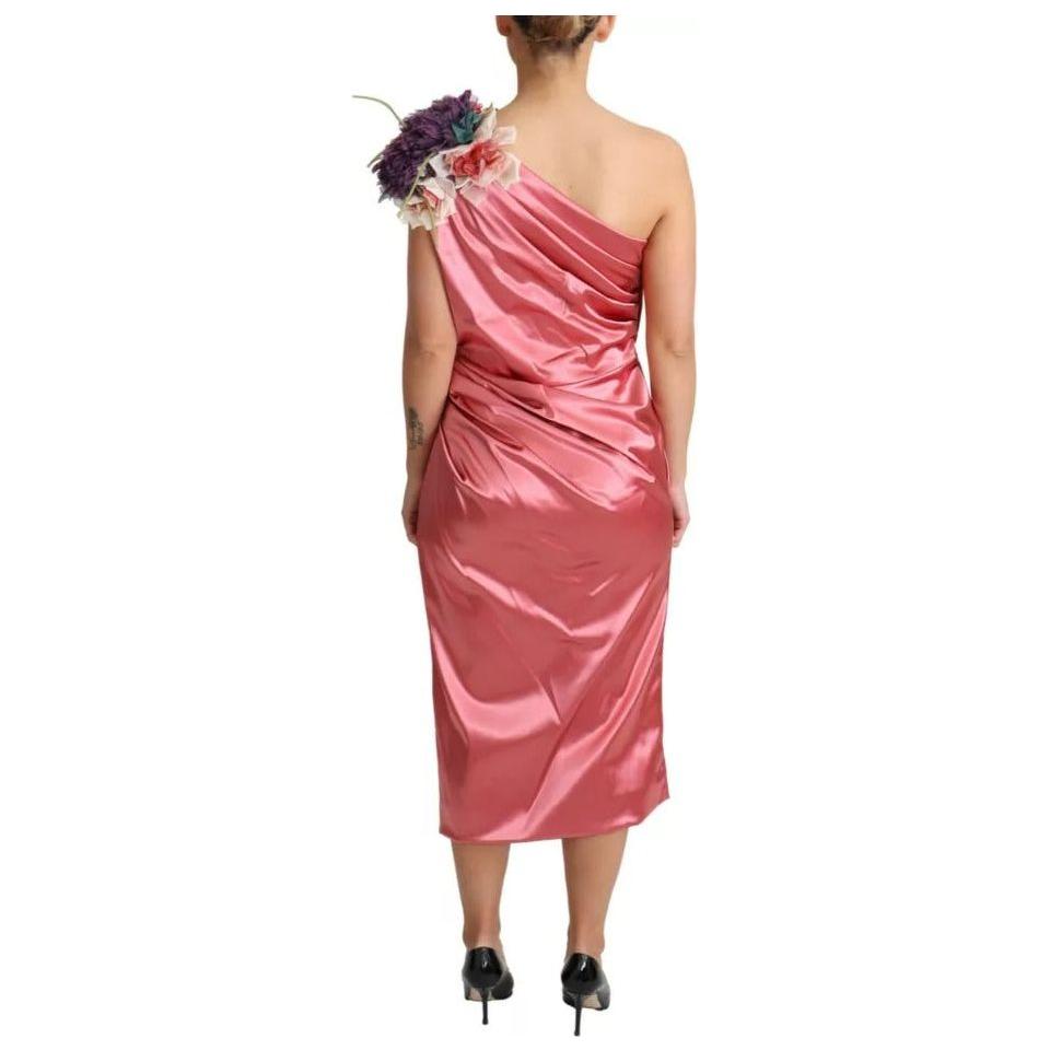 Dolce & Gabbana Pink Draped Midi Flower Applique Dress