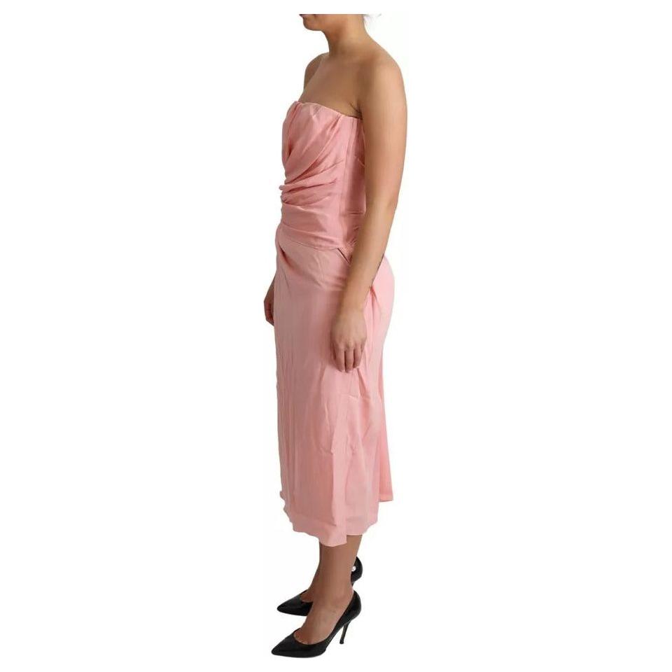 Dolce & Gabbana Pink Silk Stretch Strapless Sheath Midi Dress