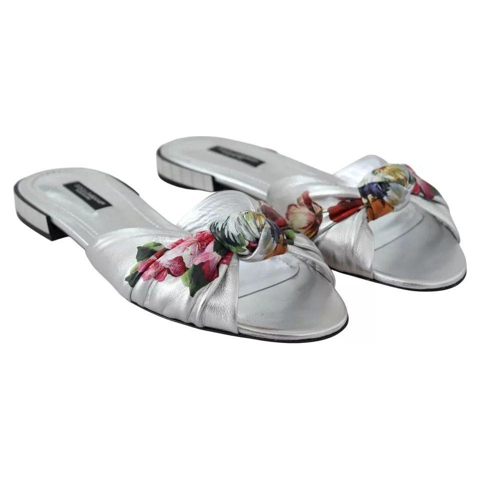 Dolce & Gabbana Silver Metallic Leather Floral Pattern Shoes
