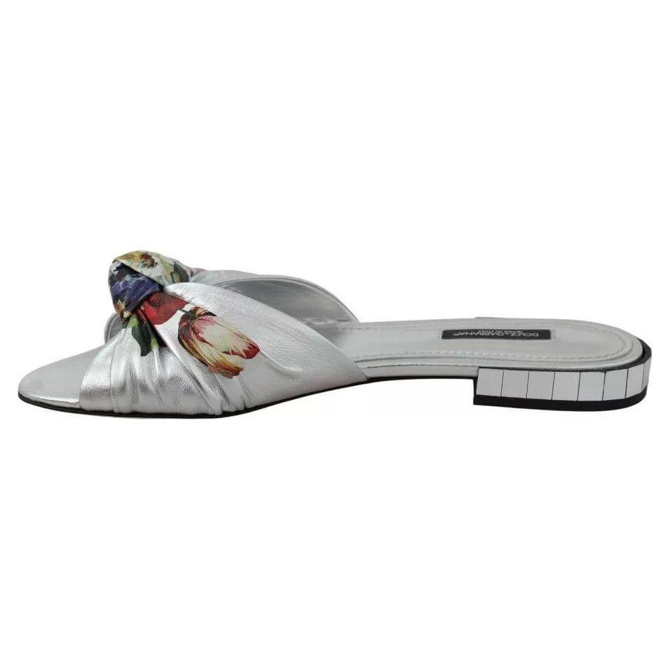 Dolce & Gabbana Silver Metallic Leather Floral Pattern Shoes