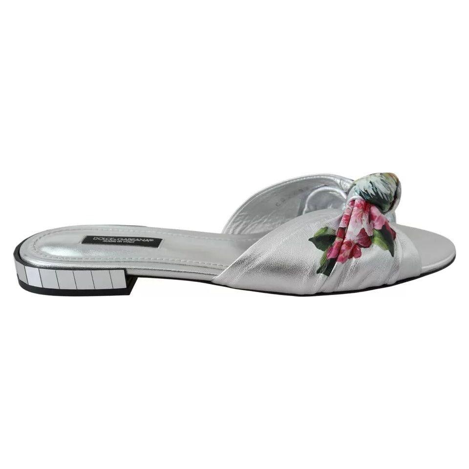 Dolce & Gabbana Silver Metallic Leather Floral Pattern Shoes