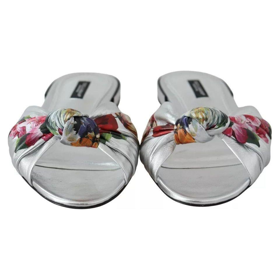 Dolce & Gabbana Silver Metallic Leather Floral Pattern Shoes