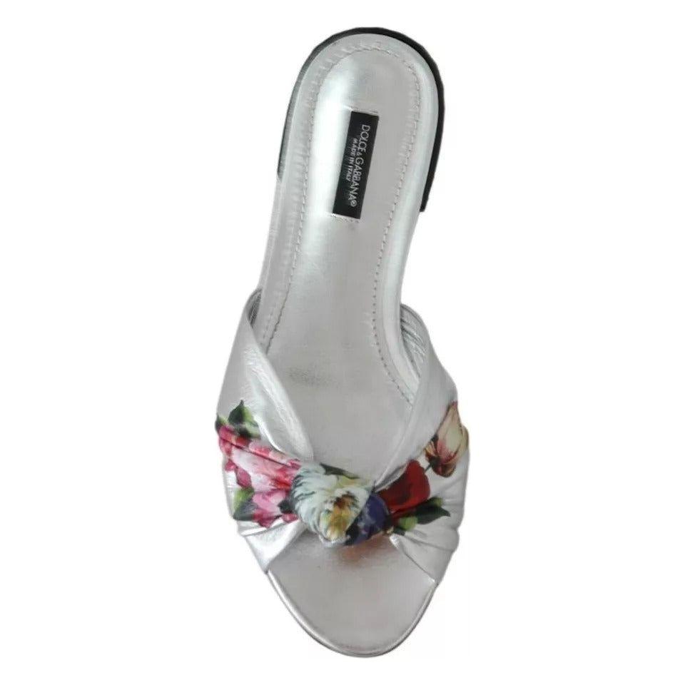 Dolce & Gabbana Silver Metallic Leather Floral Pattern Shoes
