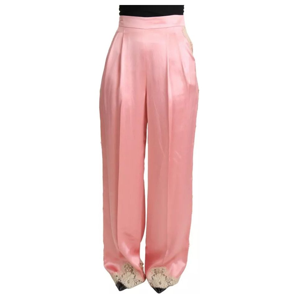 Dolce & Gabbana Pink Lace Trimmed Silk Satin Wide Legs Pants