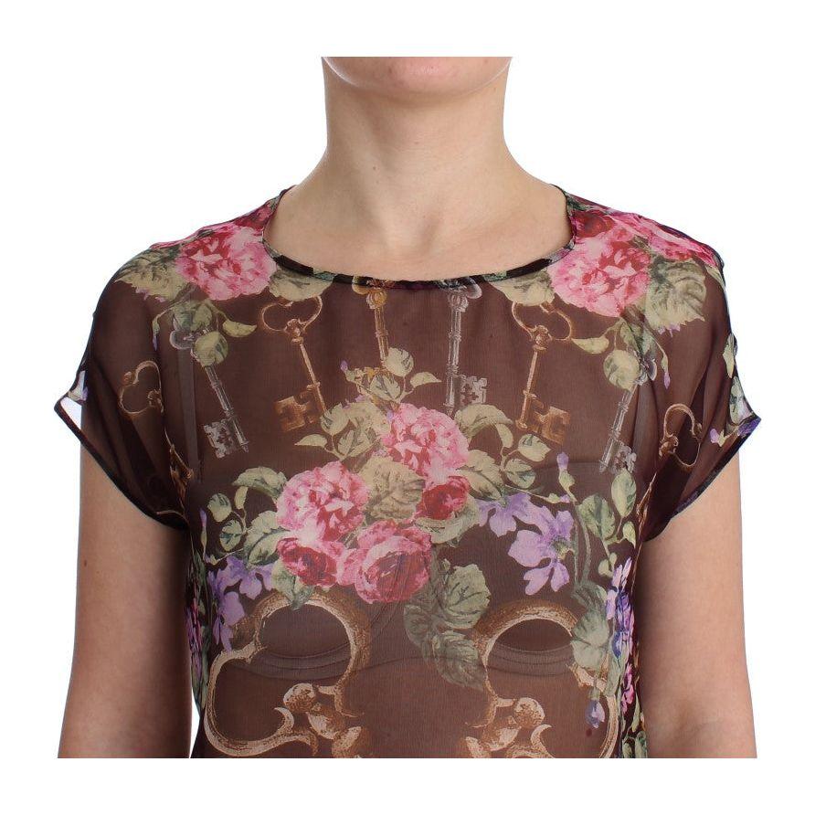 Dolce & Gabbana Elegant Floral Silk Blouse with Cap Sleeves Dolce & Gabbana Dim Gray