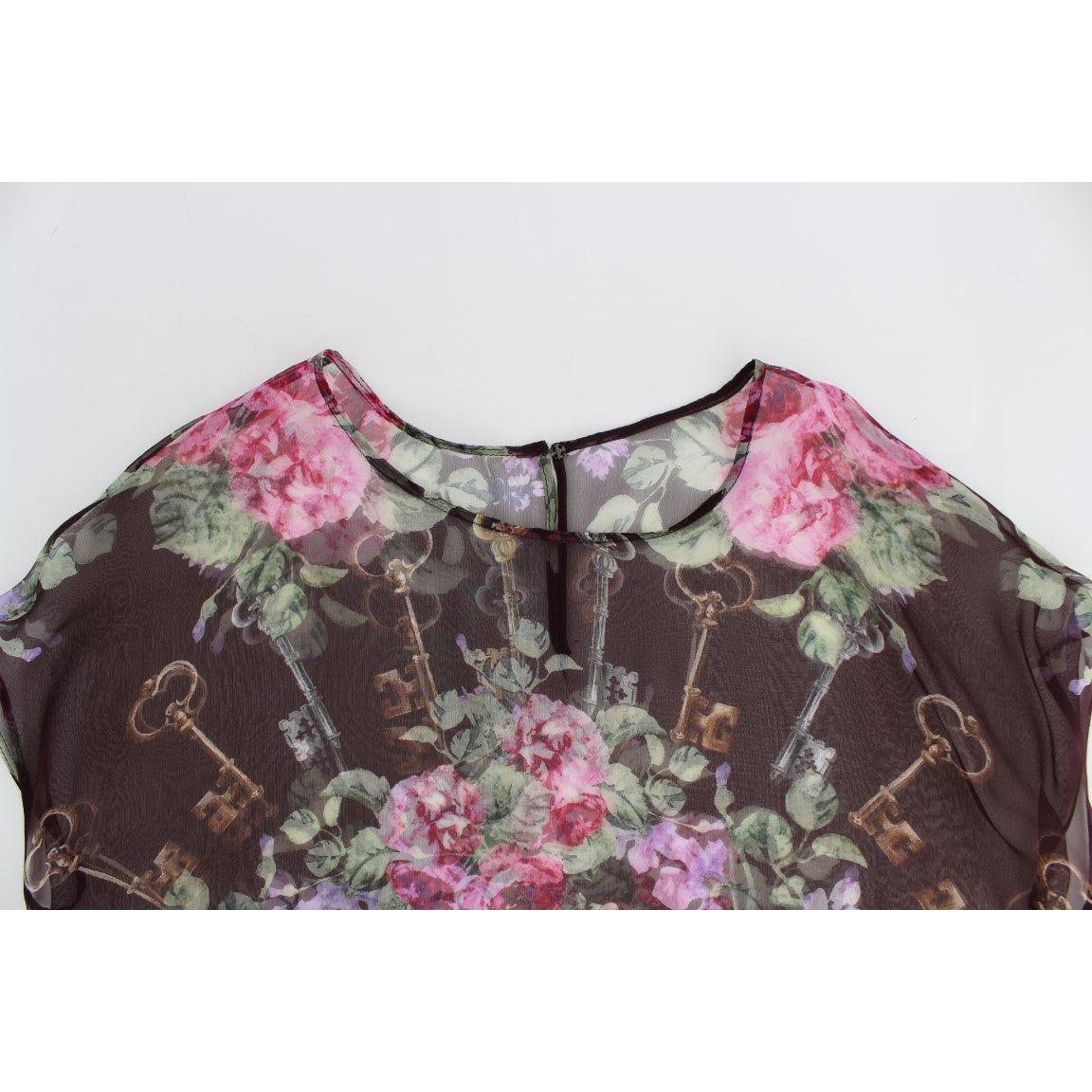 Dolce & Gabbana Elegant Floral Silk Blouse with Cap Sleeves Dolce & Gabbana Light Gray