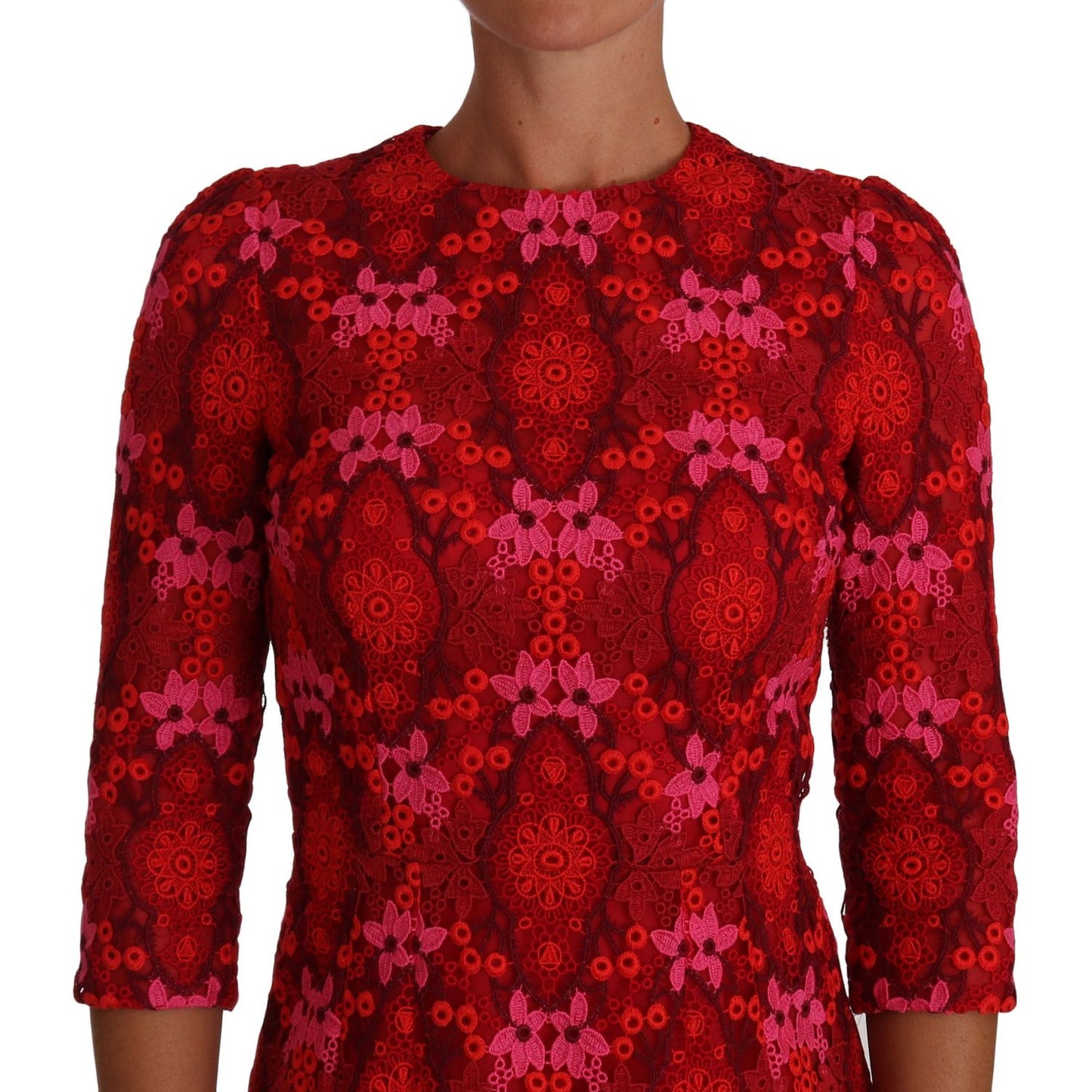 Dolce & Gabbana Elegant Floral Crochet Knee-Length Dress Dolce & Gabbana Dark Red
