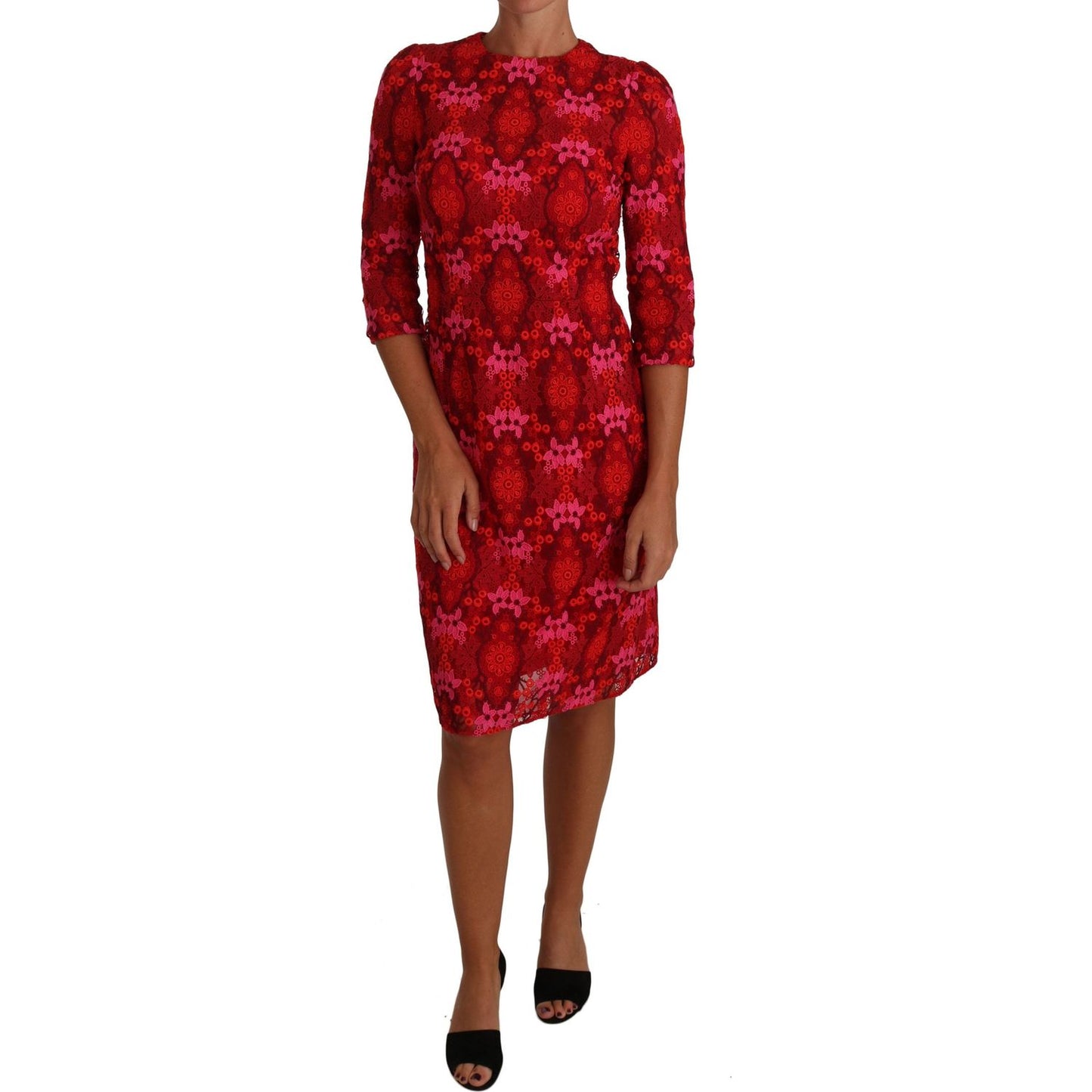 Dolce & Gabbana Elegant Floral Crochet Knee-Length Dress Dolce & Gabbana Dark Red