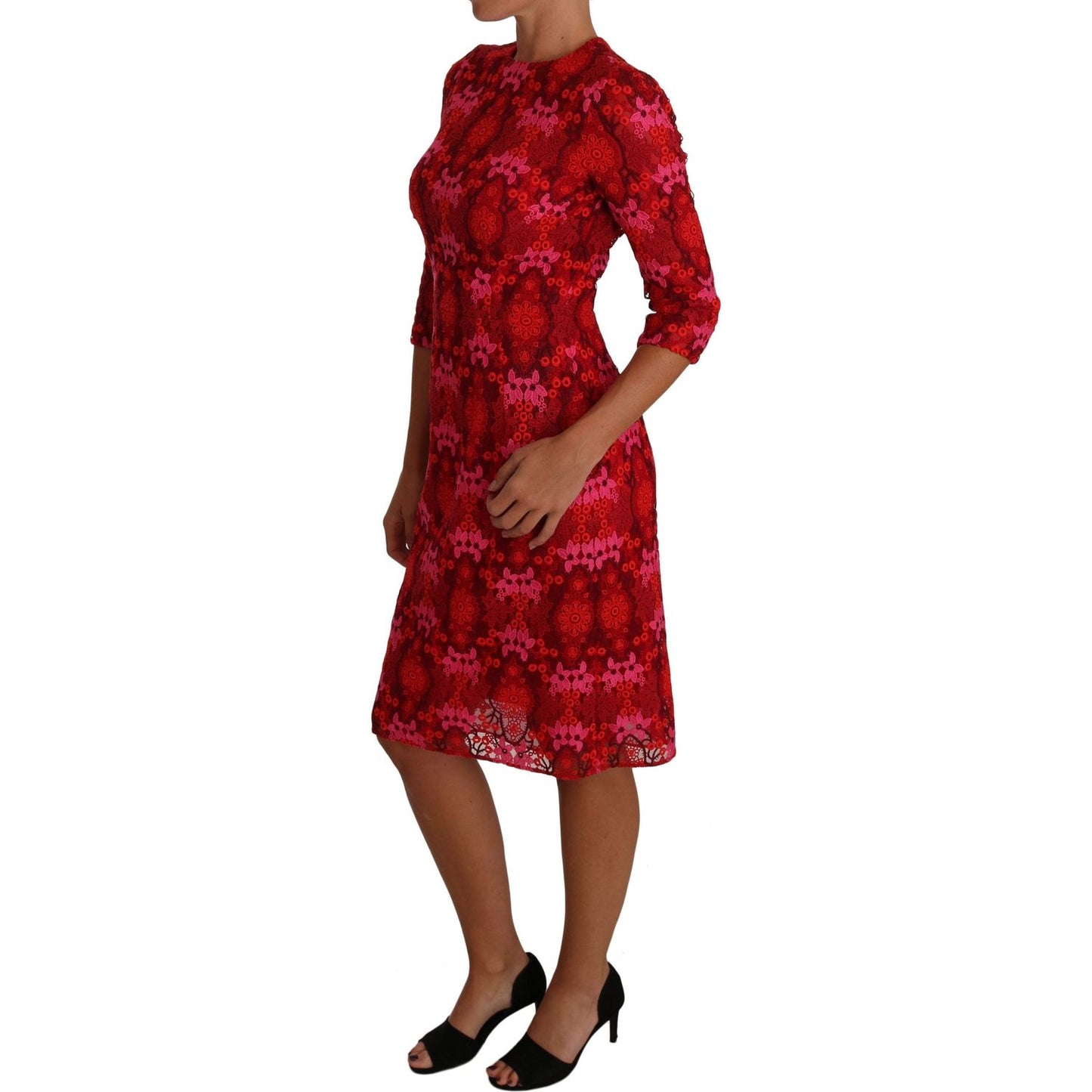 Dolce & Gabbana Elegant Floral Crochet Knee-Length Dress Dolce & Gabbana Saddle Brown