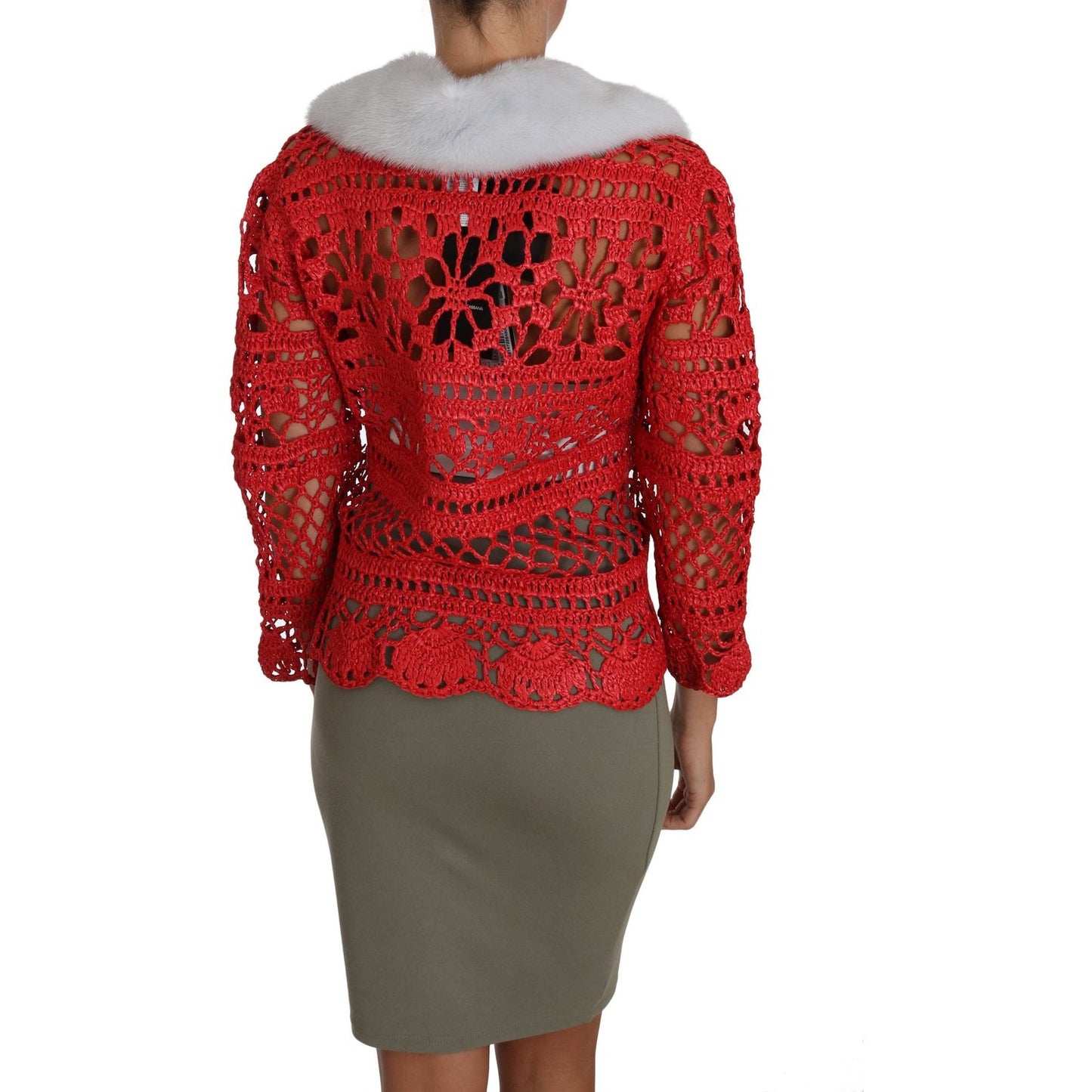 Dolce & Gabbana Elegant Red Crochet Knit Cardigan with Fur Collar Dolce & Gabbana Saddle Brown