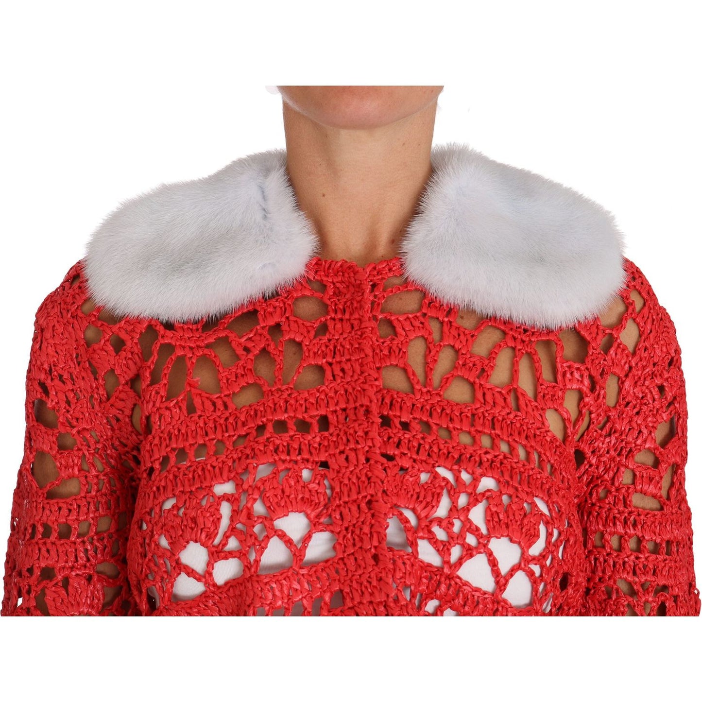 Dolce & Gabbana Elegant Red Crochet Knit Cardigan with Fur Collar Dolce & Gabbana Firebrick