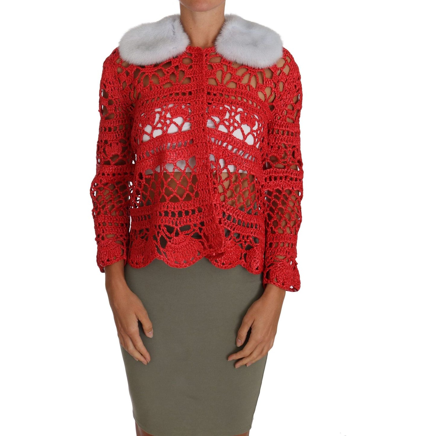 Dolce & Gabbana Elegant Red Crochet Knit Cardigan with Fur Collar Dolce & Gabbana Sienna