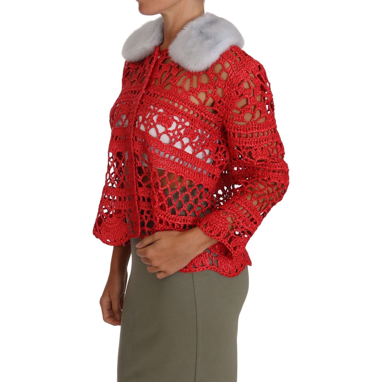Dolce & Gabbana Elegant Red Crochet Knit Cardigan with Fur Collar Dolce & Gabbana Sienna