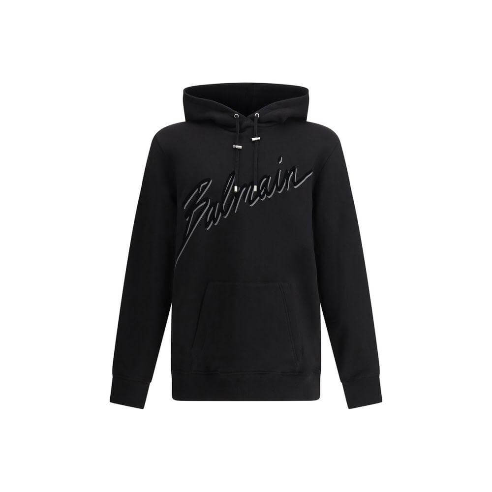 Balmain Logo Cotton Hoodie with adjustable drawstring hood, pouch pocket, and ribbed hems, featuring iconic logo for stylish streetwear.