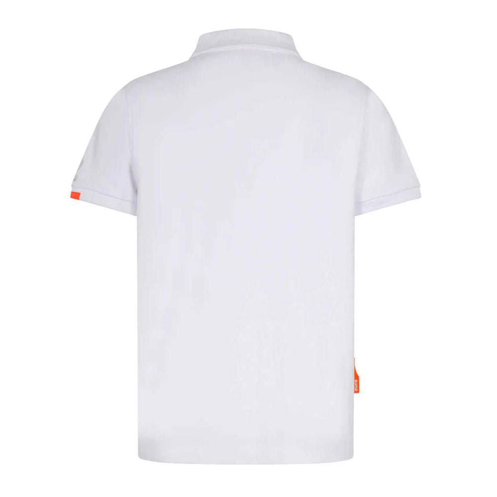 Rear view of Suns White Cotton Polo Shirt with ribbed collar and logo on sleeve.