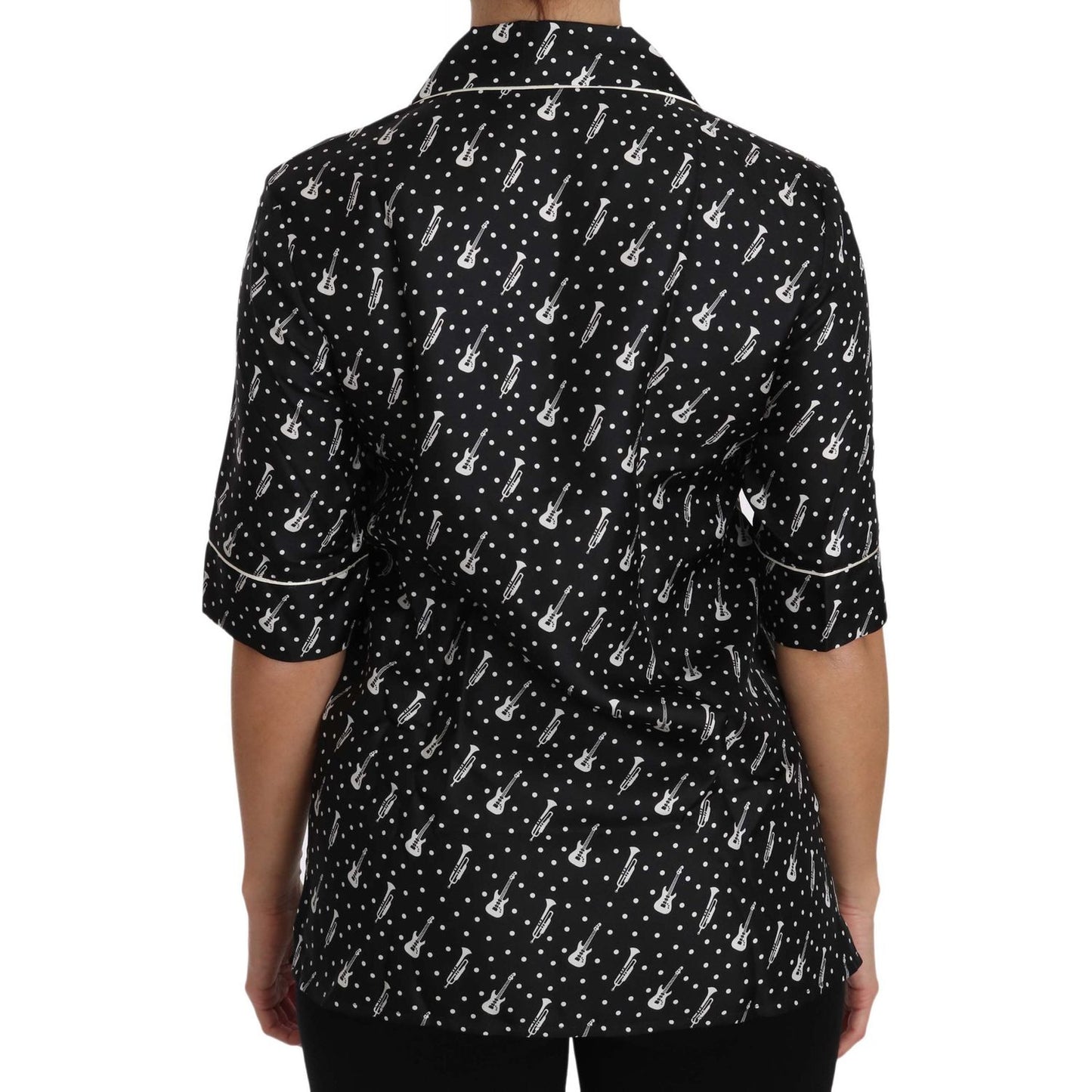 Dolce & Gabbana Silk Guitar Trumpet Print Polo Top Dolce & Gabbana Black