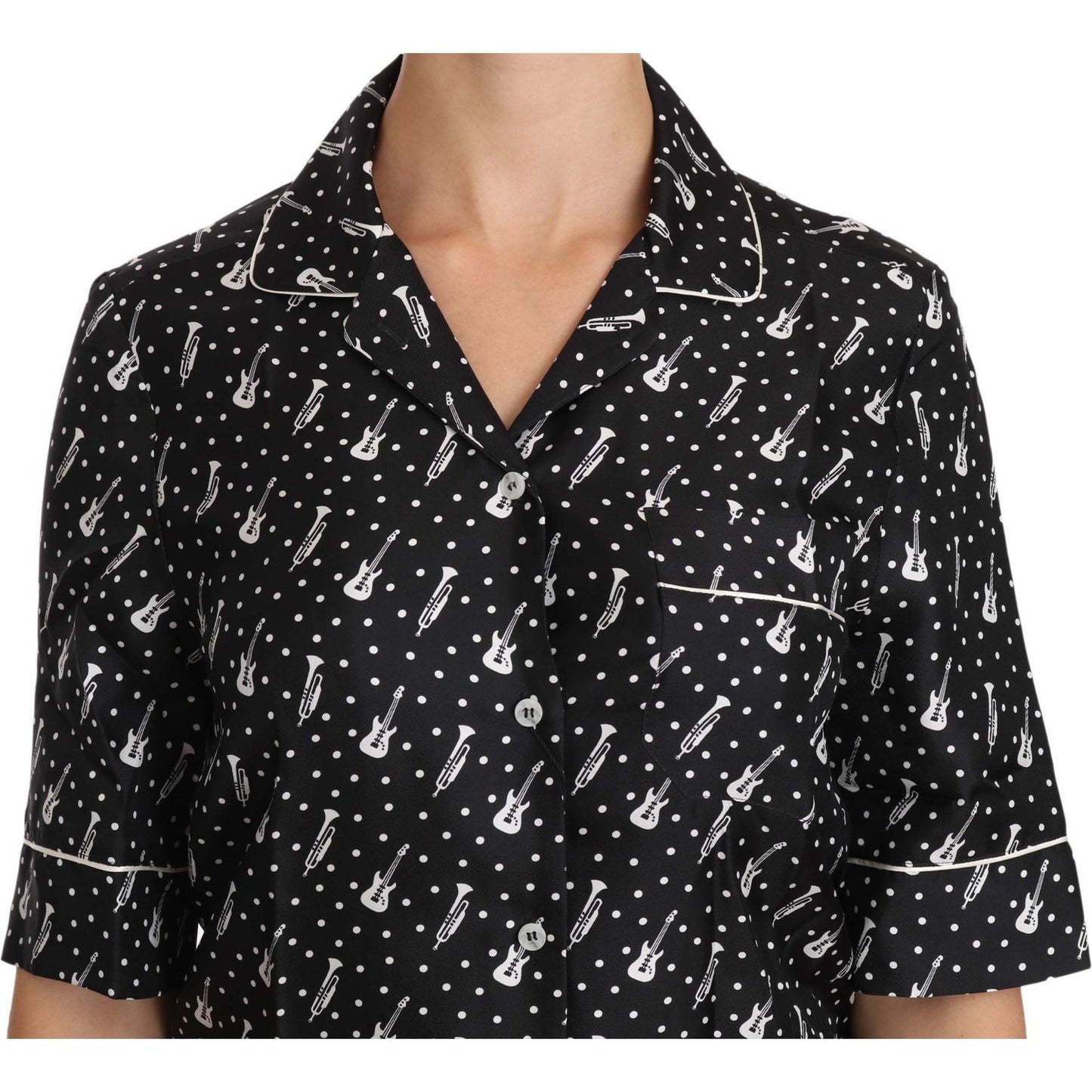 Dolce & Gabbana Silk Guitar Trumpet Print Polo Top Dolce & Gabbana Tan