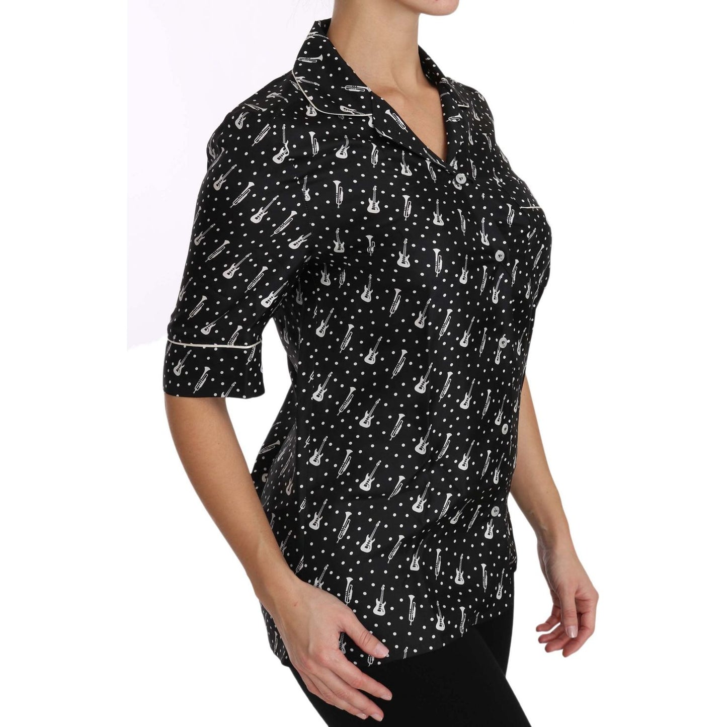 Dolce & Gabbana Silk Guitar Trumpet Print Polo Top Dolce & Gabbana Black