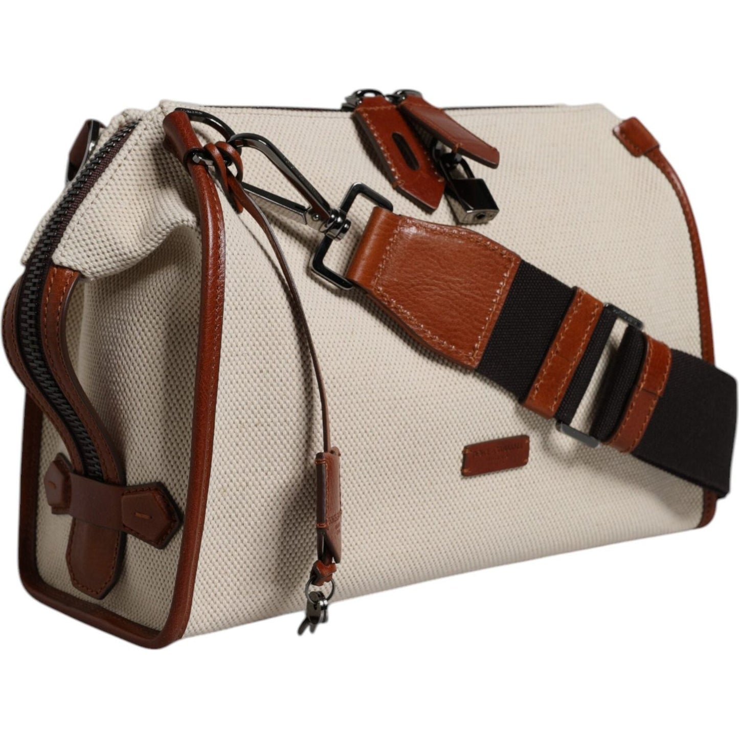Dolce & Gabbana Beige Brown Cotton Leather Duffle Shoulder Bag BAG4323