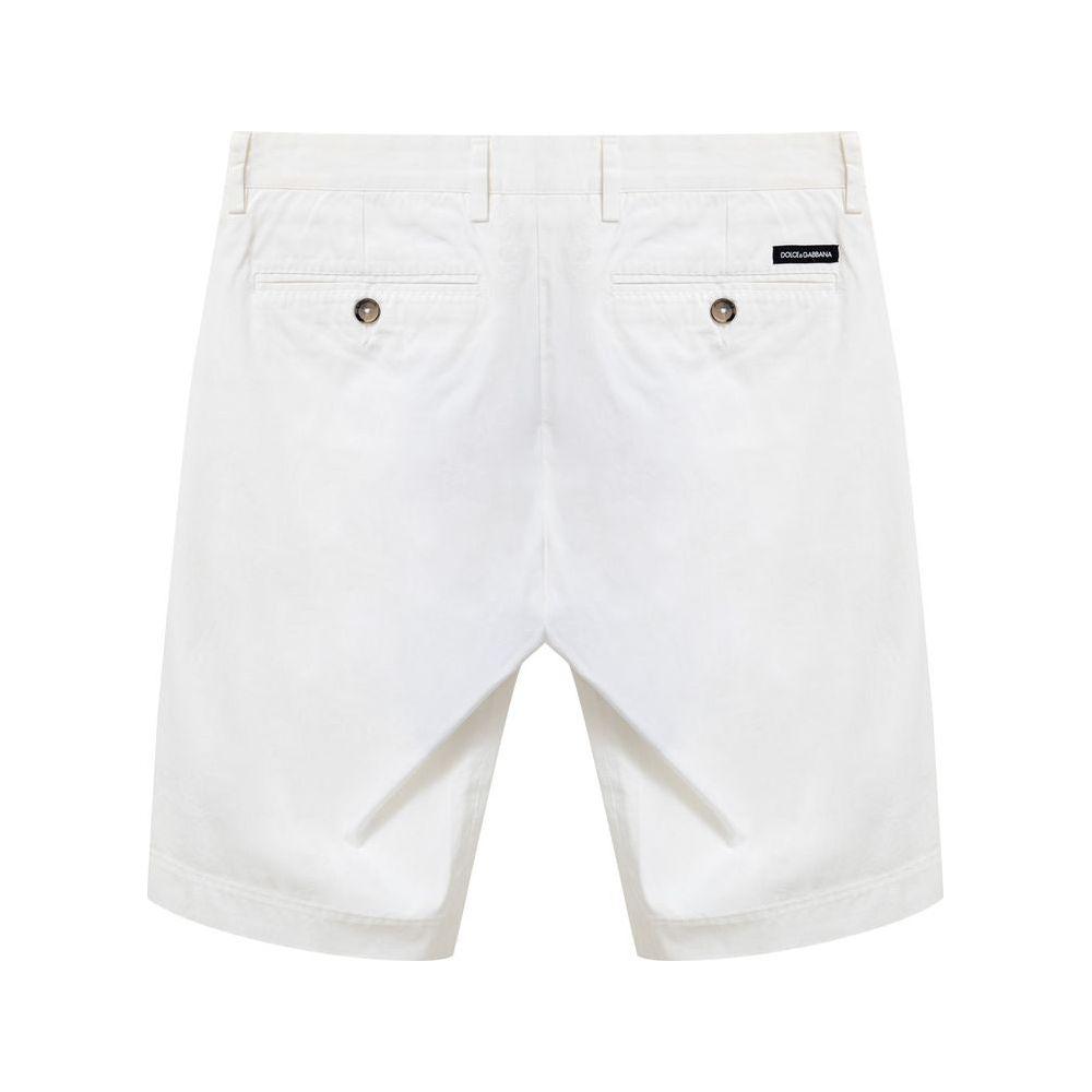 Back view of Dolce & Gabbana white cotton Bermuda shorts with buttoned back pockets and logo. Regular fit, stretch fabric.