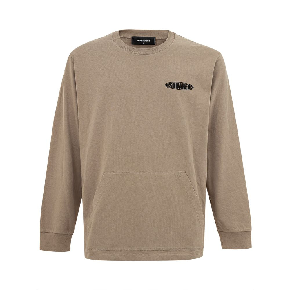 Dsquared² Beige Cotton T-Shirt with black logo, long sleeves, crew neck, maxi front pocket, over fit, made of 100% cotton.