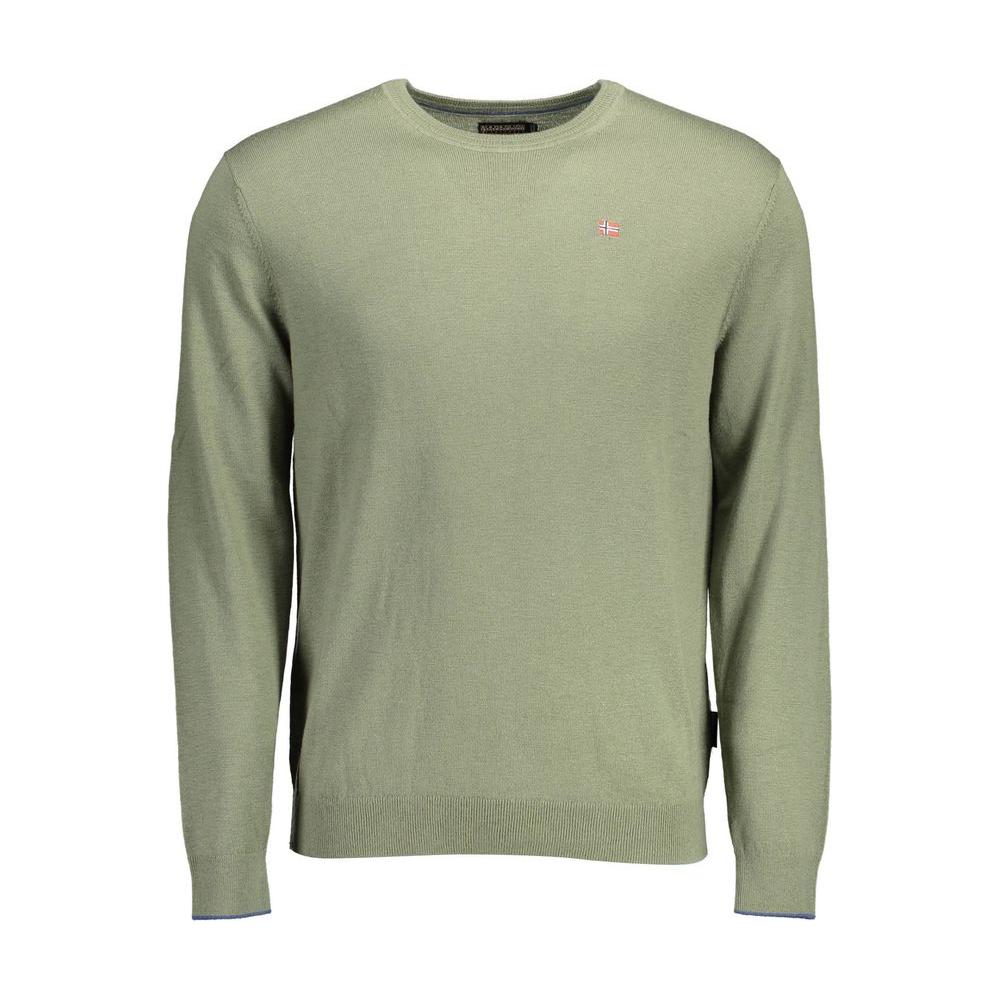 Napapijri green wool men's sweater with iconic logo, featuring intricate embroidery for a trendy, stylish look.