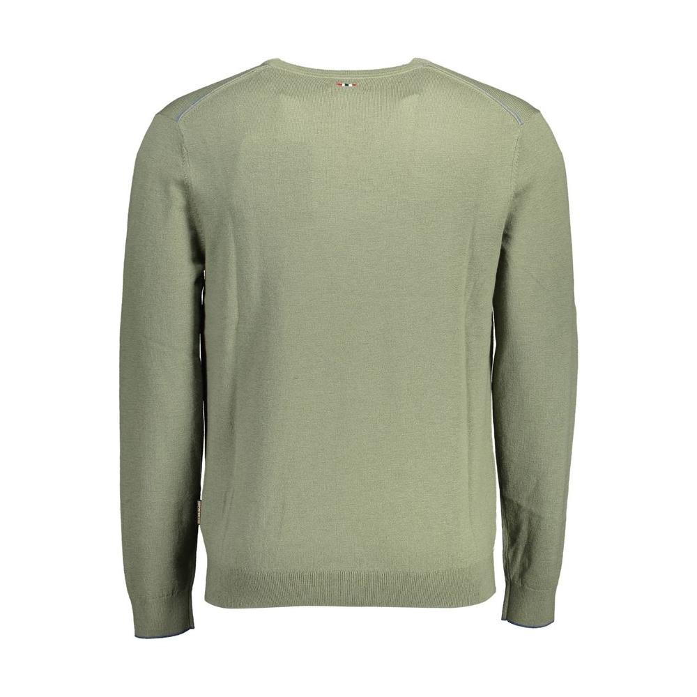 Napapijri green wool men's sweater showcasing back view with intricate embroidery, offering warmth and style for cool weather.
