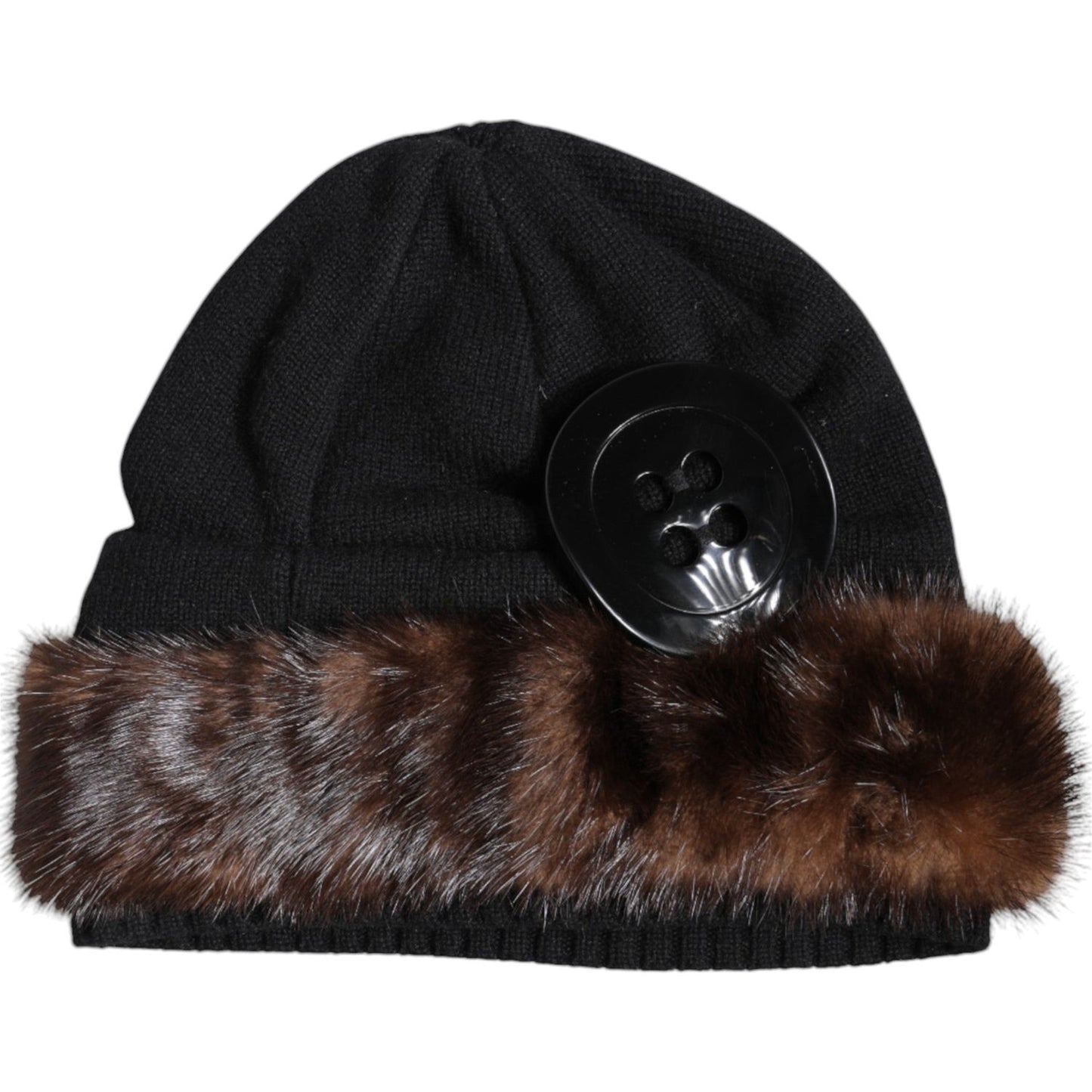 Dolce & Gabbana Black Fur Embellish Knitted Winter Beanie Hat Dolce & Gabbana Black