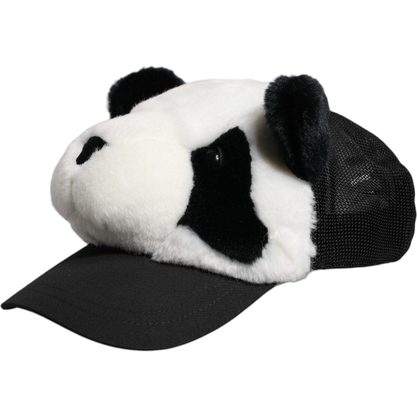 Dolce & Gabbana Black White Panda Fur Women Baseball Cap Dolce & Gabbana Black
