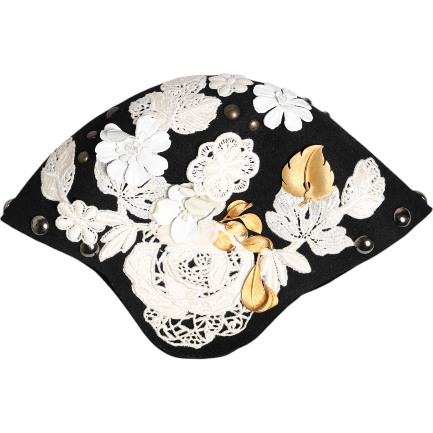 Dolce & Gabbana Black Wool White Floral Gold Leaf Cloche Hat Dolce & Gabbana Antique White