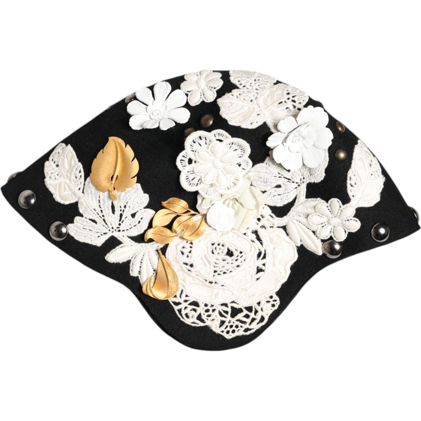 Dolce & Gabbana Black Wool White Floral Gold Leaf Cloche Hat Dolce & Gabbana Antique White