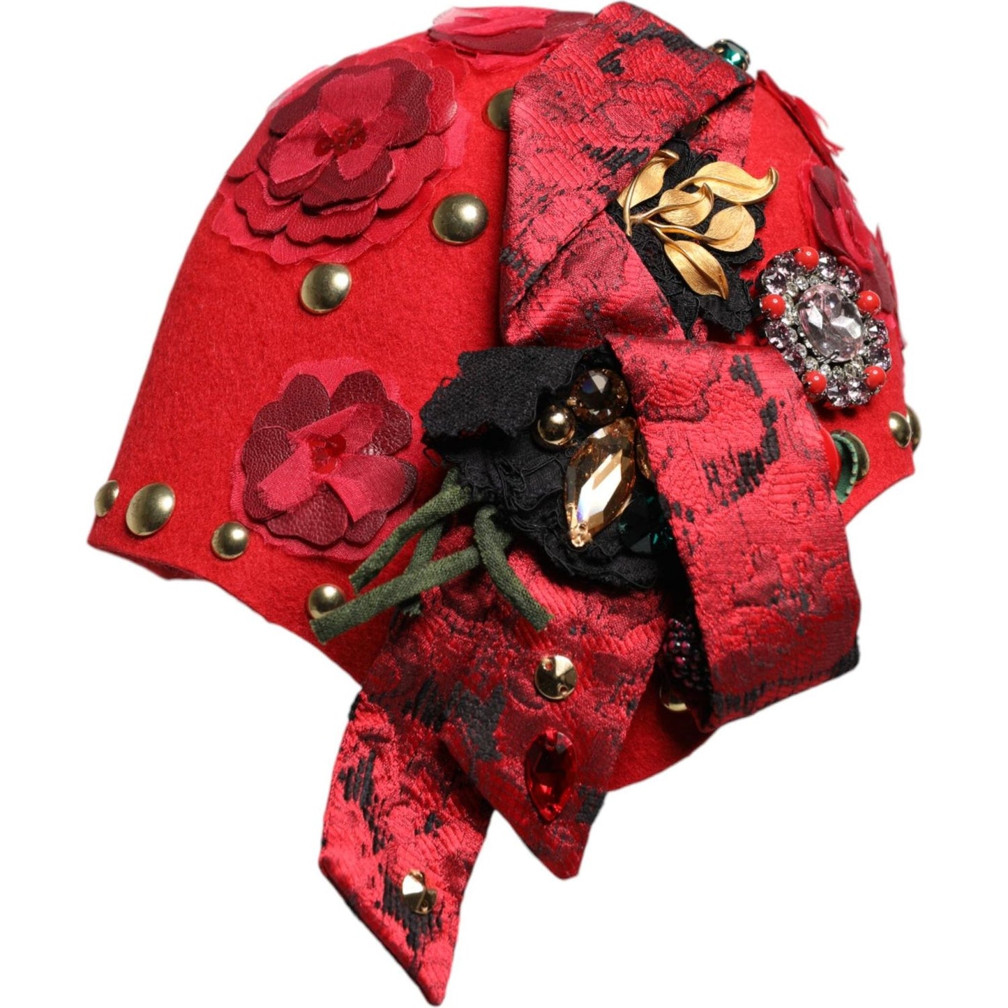 Dolce & Gabbana Red Crystal Gold Roses Brooch Embellished Hat Dolce & Gabbana Firebrick