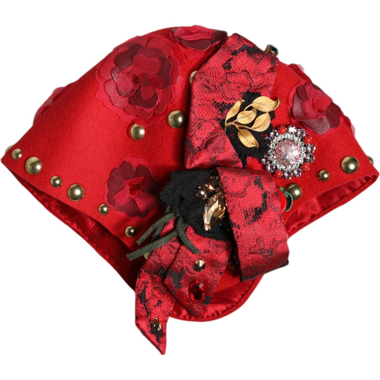 Dolce & Gabbana Red Crystal Gold Roses Brooch Embellished Hat Dolce & Gabbana Firebrick