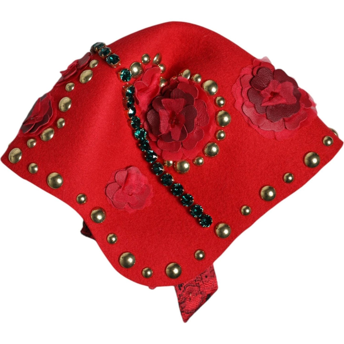 Dolce & Gabbana Red Crystal Gold Roses Brooch Embellished Hat Dolce & Gabbana Firebrick