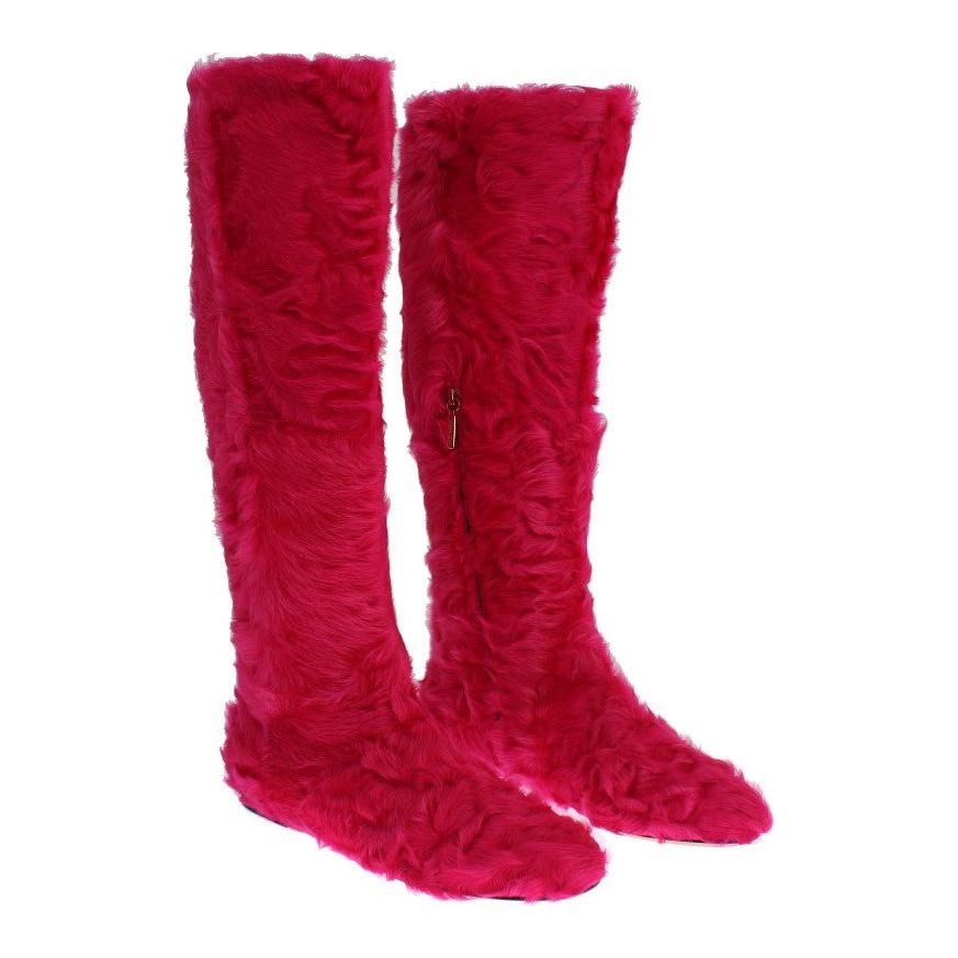 Dolce & Gabbana Elegant Pink Lambskin Fur Boots Dolce & Gabbana Brown