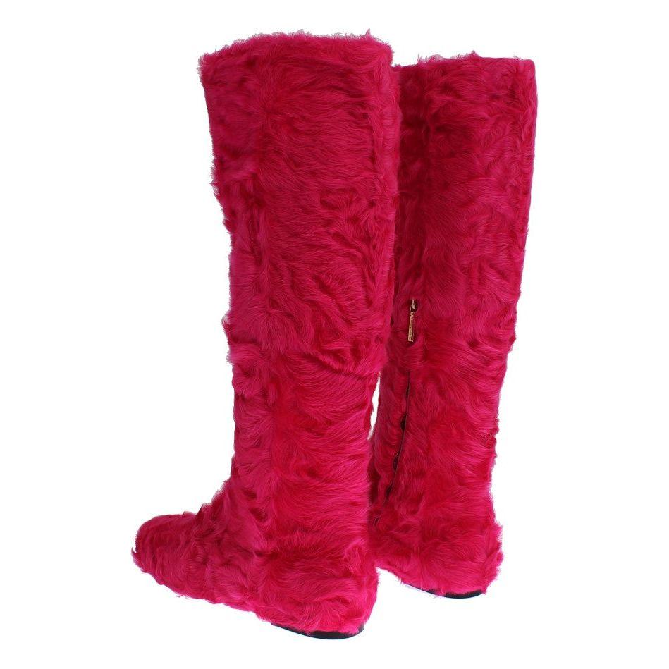 Dolce & Gabbana Elegant Pink Lambskin Fur Boots Dolce & Gabbana Firebrick