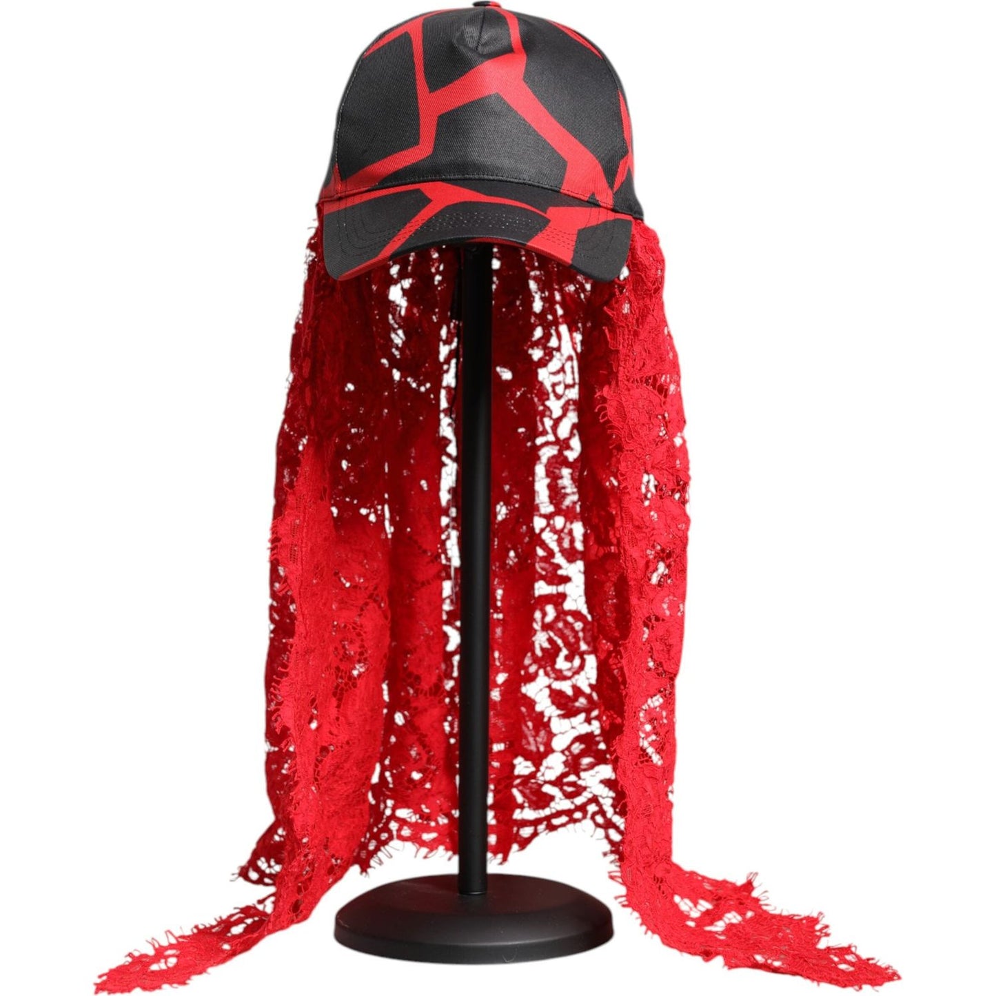 Dolce & Gabbana Red Black Lace Tulle Cotton Baseball Cap Dolce & Gabbana Firebrick