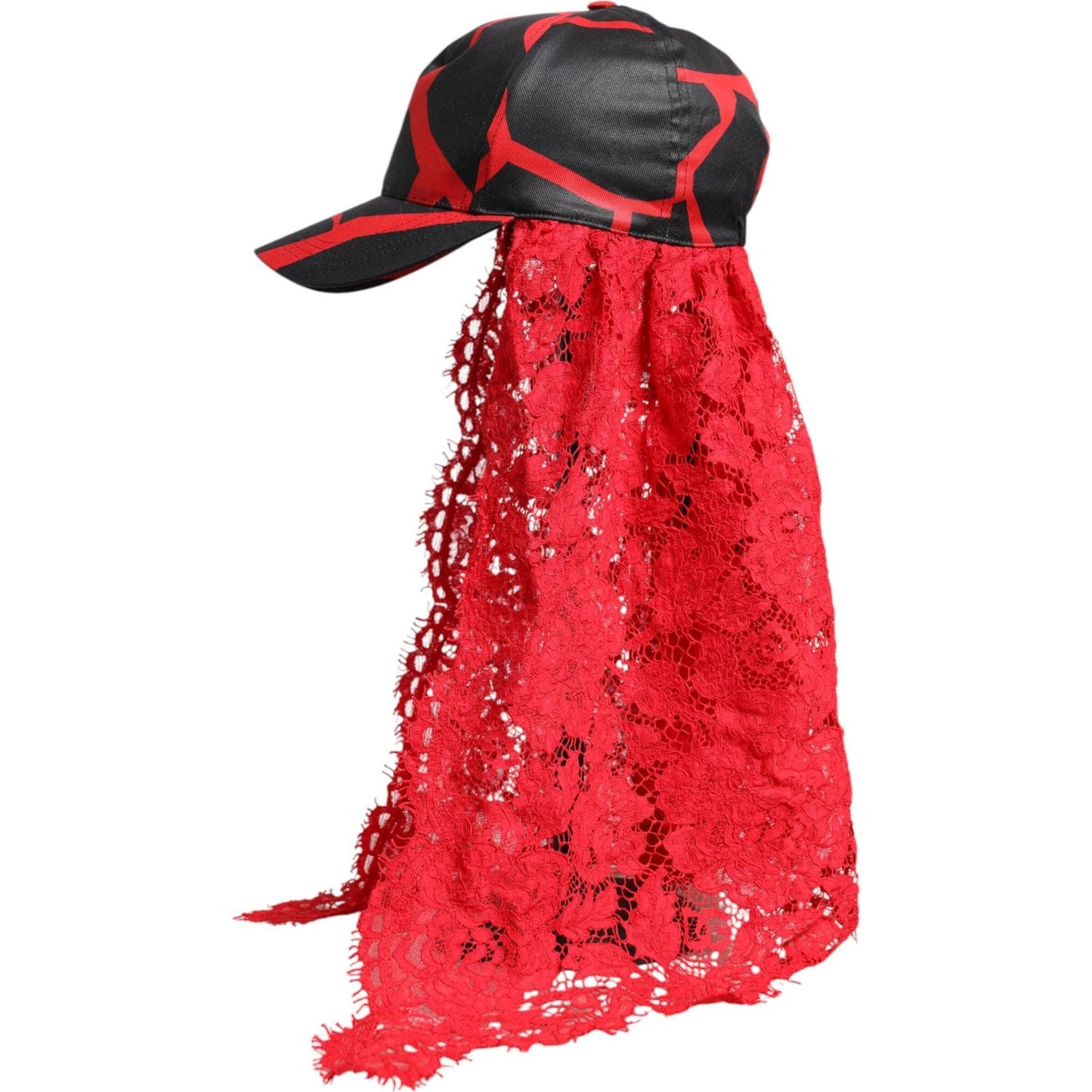 Dolce & Gabbana Red Black Lace Tulle Cotton Baseball Cap Dolce & Gabbana Firebrick