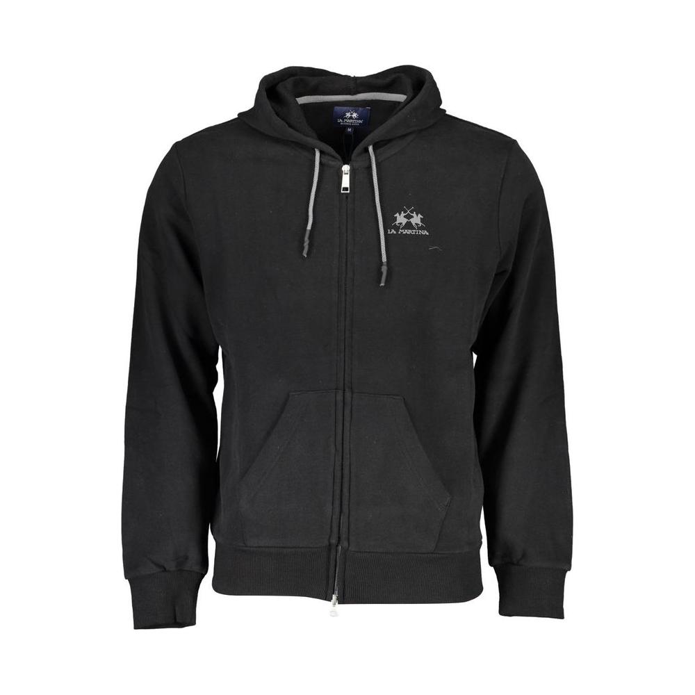La Martina black cotton hooded sweatshirt with logo, zip closure, and pockets. Regular fit, soft brushed interior for comfort.