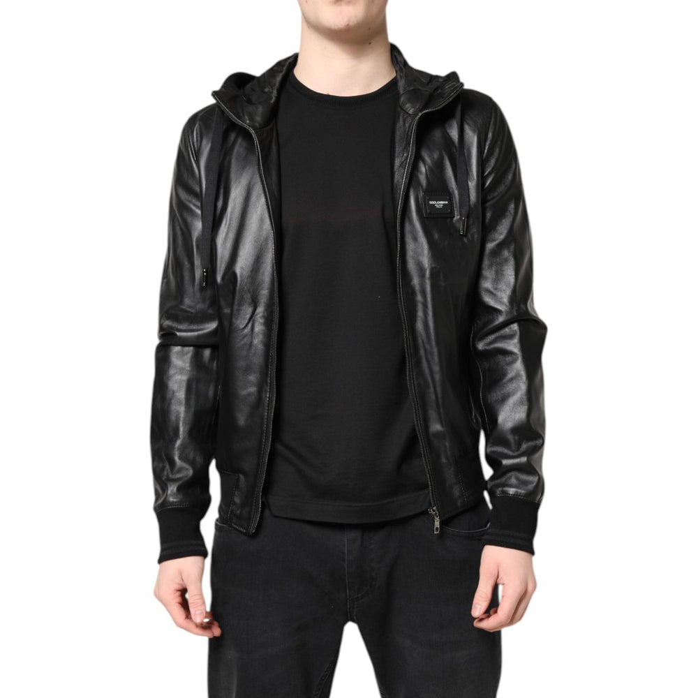 Dolce & Gabbana Black Lambskin Leather Full Zip Biker Jacket JKT41313-48