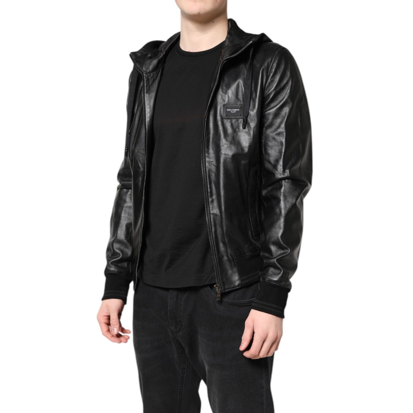 Dolce & Gabbana Black Lambskin Leather Full Zip Biker Jacket JKT41313-48