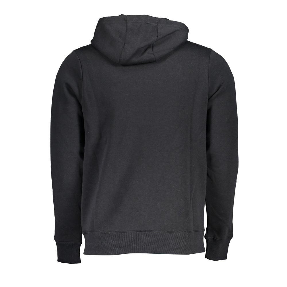 Back view of Norway 1963 black cotton sweater with hood, long sleeves, and fleece material. Features two central pockets and zip closure.