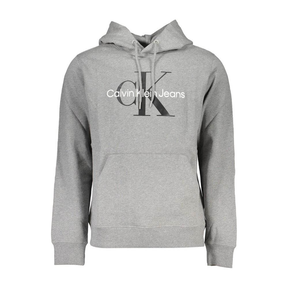 Calvin Klein gray cotton men's sweater with hood and central pocket, featuring bold logo print, ideal for modern casual style.