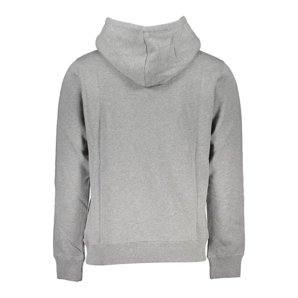 Back view of Calvin Klein gray cotton men's sweater with hood and fleece interior.